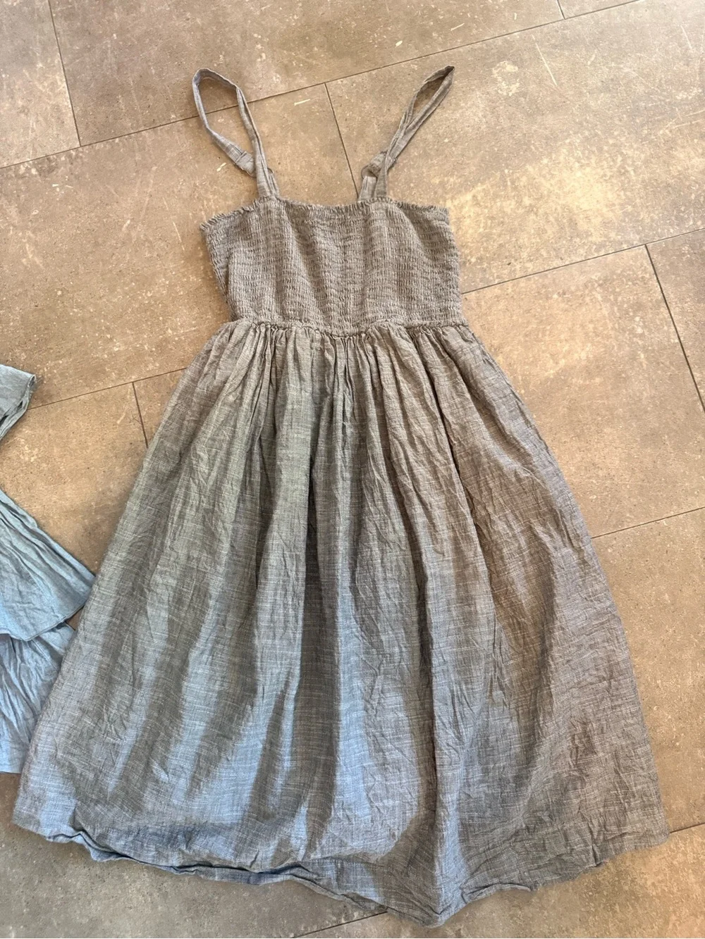 Old Navy Blue Tiered Ruffle Dress and Gray Spaghetti-Strap Sundress